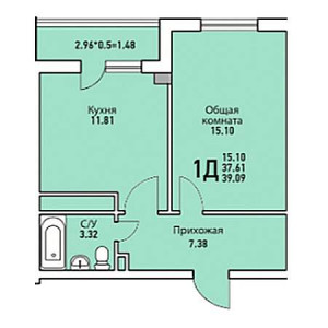 1 комнатная 39.09м²