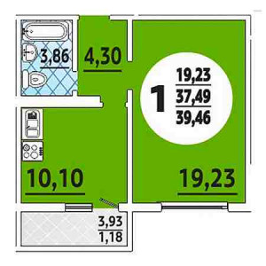 1 комнатная 39.46м²