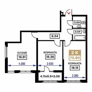 2 комнатная 70.9м²