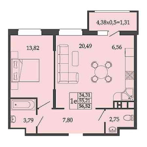 1 комнатная 56.52м²