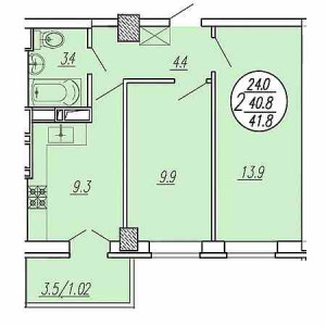 1 комнатная 41.8м²