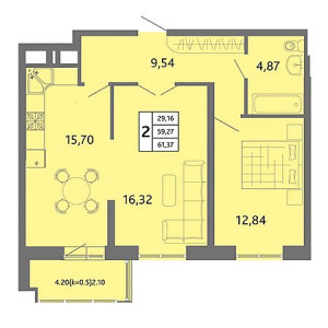 2 комнатная 61.37м²