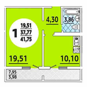 1 комнатная 41.75м²