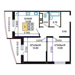 2 комнатная 58.74м²