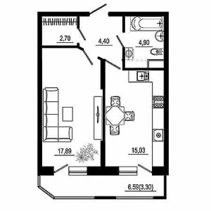 1 комнатная 48.22м²