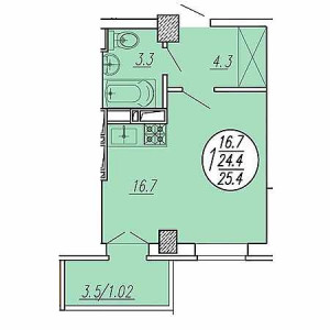 1 комнатная 25.4м²