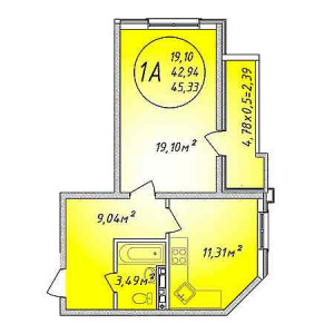 1 комнатная 45.33м²