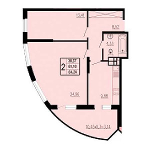 2 комнатная 64.24м²