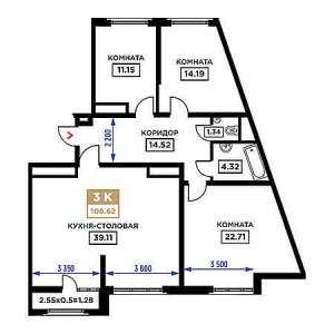 3 комнатная 108.62м²