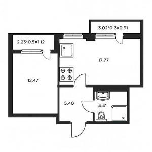 1 комнатная 42.08м²