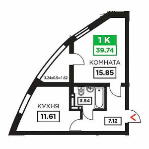 1 комнатная 39.74м²