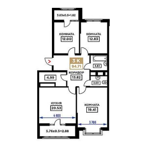 3 комнатная 94.71м²