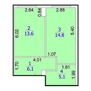 1 комнатная 39.6м²