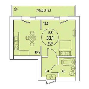 1 комнатная 33.1м²