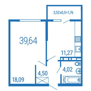 1 комнатная 39.64м²