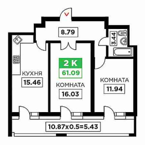 2 комнатная 61.09м²