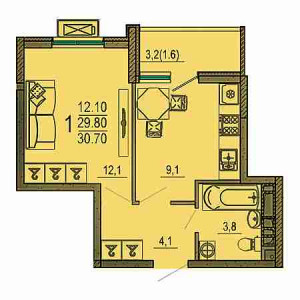 1 комнатная 30.7м²