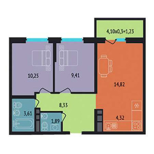 2 комнатная 53.86м²