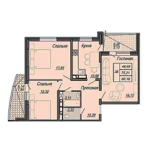 3 комнатная 80.18м²