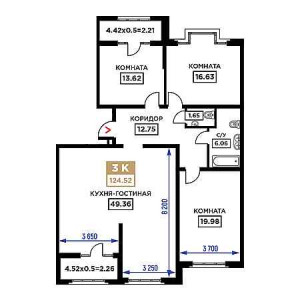 3 комнатная 124.52м²