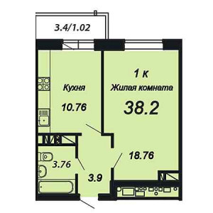 1 комнатная 38.2м²