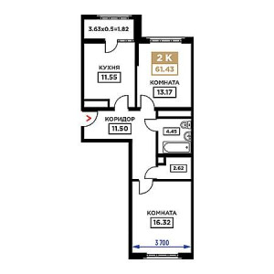 2 комнатная 61.43м²