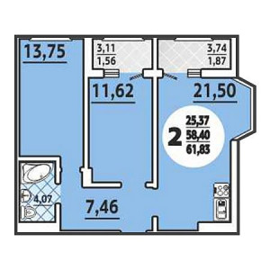 2 комнатная 61.83м²