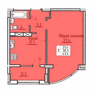 1 комнатная 43.4м²