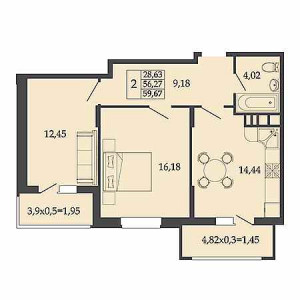 2 комнатная 59.67м²