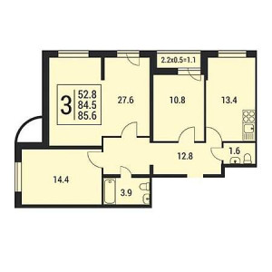 3 комнатная 85.6м²