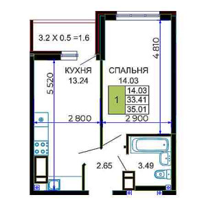 1 комнатная 35.01м²