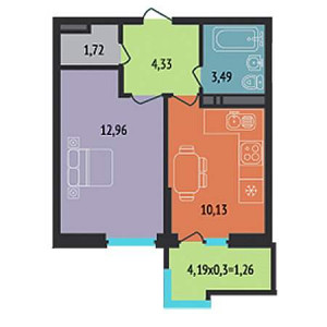 1 комнатная 33.89м²