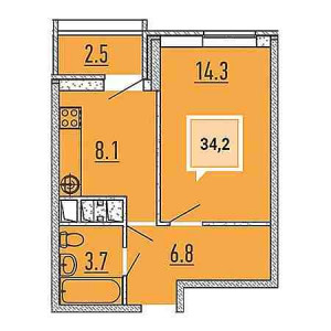 1 комнатная 34.2м²