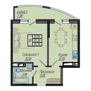 1 комнатная 39.35м²