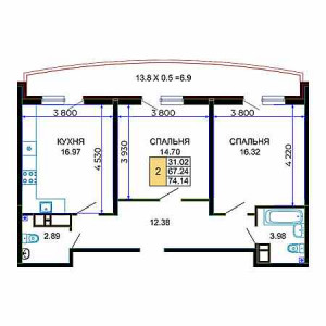 2 комнатная 74.14м²