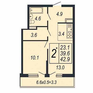 1 комнатная 42.9м²