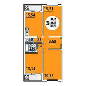 3 комнатная 88.78м²