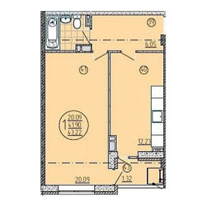 1 комнатная 43.22м²