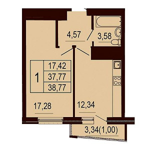 1 комнатная 38.77м²