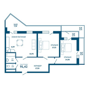 3 комнатная 91.42м²