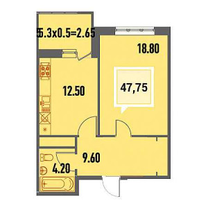 1 комнатная 47.75м²