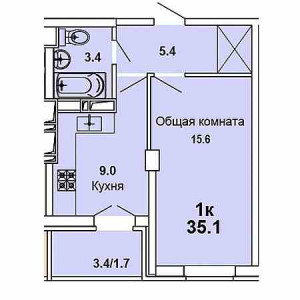 1 комнатная 35.1м²