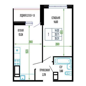 1 комнатная 35.31м²