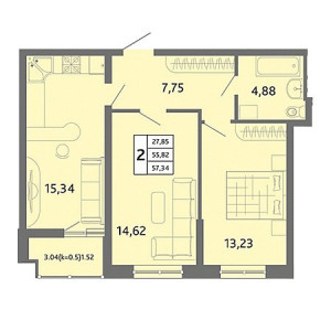 2 комнатная 57.34м²