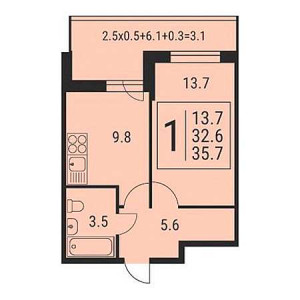 1 комнатная 35.7м²