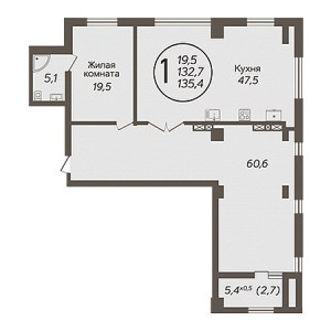 1 комнатная 135.4м²