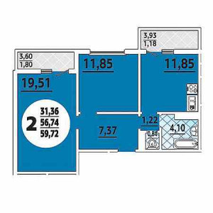 2 комнатная 59.72м²