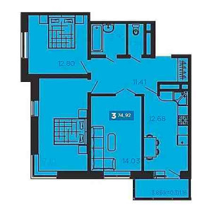 3 комнатная 74.92м²