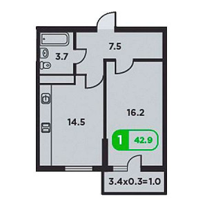 1 комнатная 42.9м²