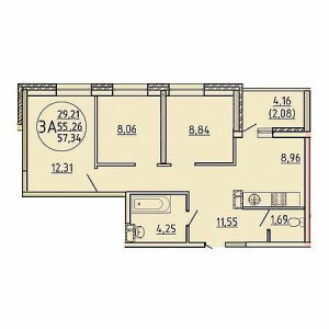 3 комнатная 57.34м²